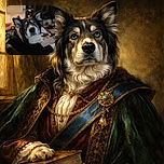 A curious dog with fluffy ears and soulful eyes looks directly into the camera, wearing a cozy black garment, surrounded by a softly blurred indoor background filled with colorful objects.