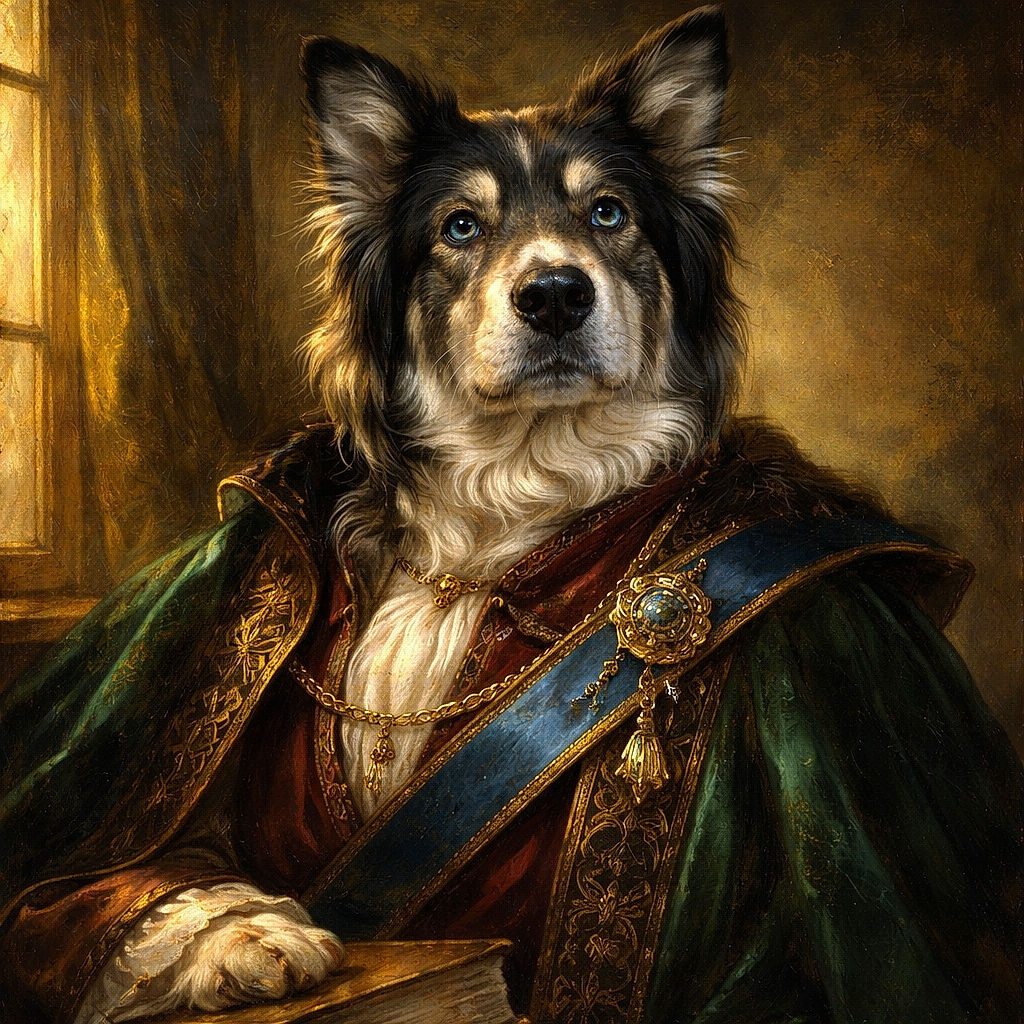 A curious dog with fluffy ears and soulful eyes looks directly into the camera, wearing a cozy black garment, surrounded by a softly blurred indoor background filled with colorful objects.