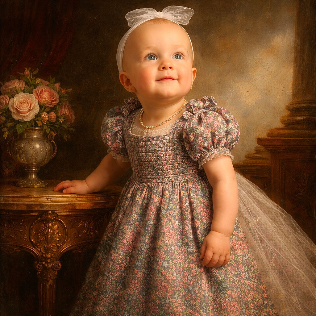 A charming baby girl stands confidently on a black leather chair, wearing a colorful floral dress, pink tights, and soft shoes with bows, her head adorned with a white headband. The warm sunlight filters through the window blinds in the background, highlighting her curious and joyful expression.