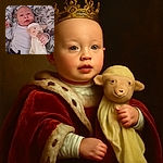 A wide-eyed baby lies comfortably on a leafy and bunny-patterned cushion, clutching a soft, smiling lamb plushie like it's their best bedtime buddy.