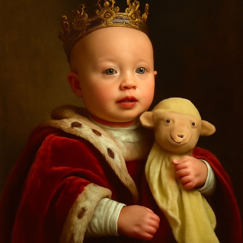 A wide-eyed baby lies comfortably on a leafy and bunny-patterned cushion, clutching a soft, smiling lamb plushie like it's their best bedtime buddy.