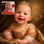 A giggling baby in orange polka-dot pajamas steals the frame — chubby cheeks, bright eyes, and a gummy grin front and center while colorful toys and a couch blur in the background like an ad for pure joy.