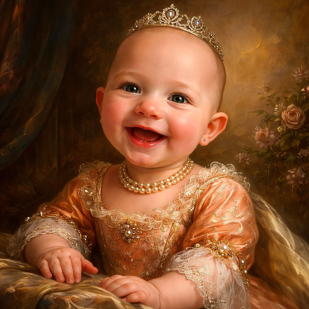 A giggling baby in orange polka-dot pajamas steals the frame — chubby cheeks, bright eyes, and a gummy grin front and center while colorful toys and a couch blur in the background like an ad for pure joy.