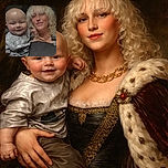 A cozy selfie of a smiling baby and a young woman with curly blonde hair and a chic black hat. The baby is wearing a grey shirt and looks happy, while the woman sports a gold chain necklace and a black outfit, both sharing a warm moment.