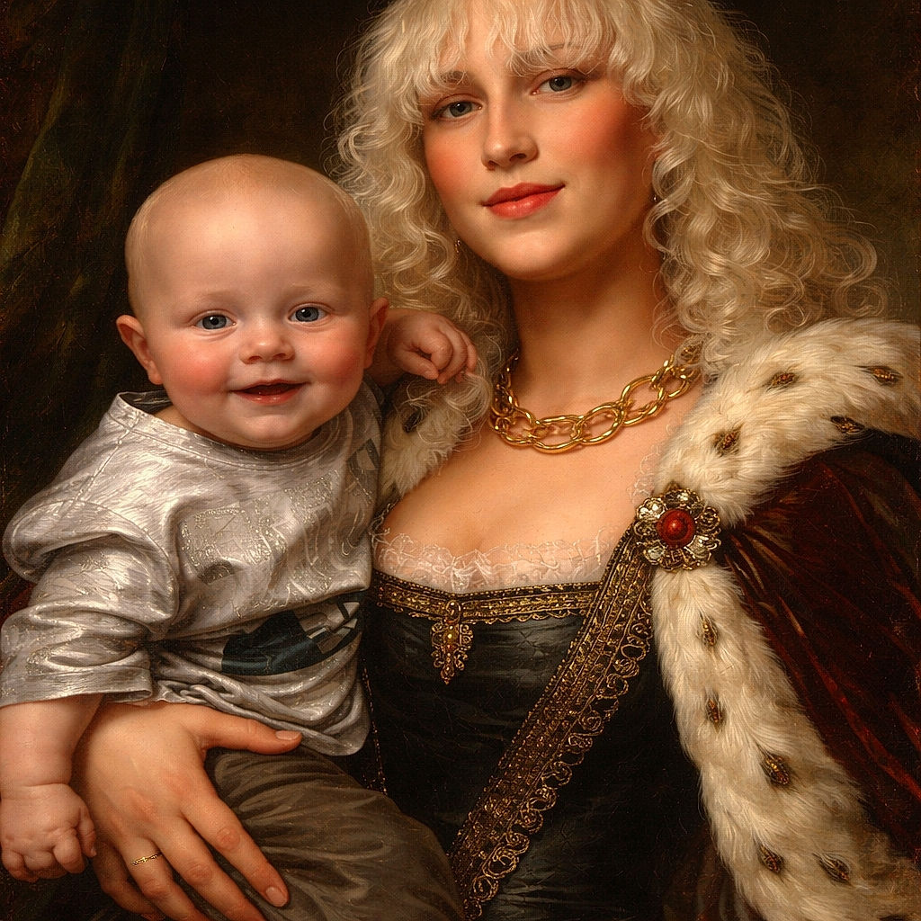 A cozy selfie of a smiling baby and a young woman with curly blonde hair and a chic black hat. The baby is wearing a grey shirt and looks happy, while the woman sports a gold chain necklace and a black outfit, both sharing a warm moment.