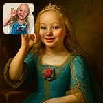 A cheerful young girl with blonde hair wearing a sparkly blue dress flashes an 'OK' hand sign while showing off a colorful face tattoo of a seahorse, standing in front of a white door with a black doorknob.