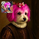 A small dog with a bright pink dyed mane and a cute bow on its head is standing on a sidewalk next to a car tire. The dog is dressed in a leopard print outfit and tiny shoes, looking ready for a fashion show. A finger partially obscures the bottom right corner, and there's a watermark and username overlay on the photo.