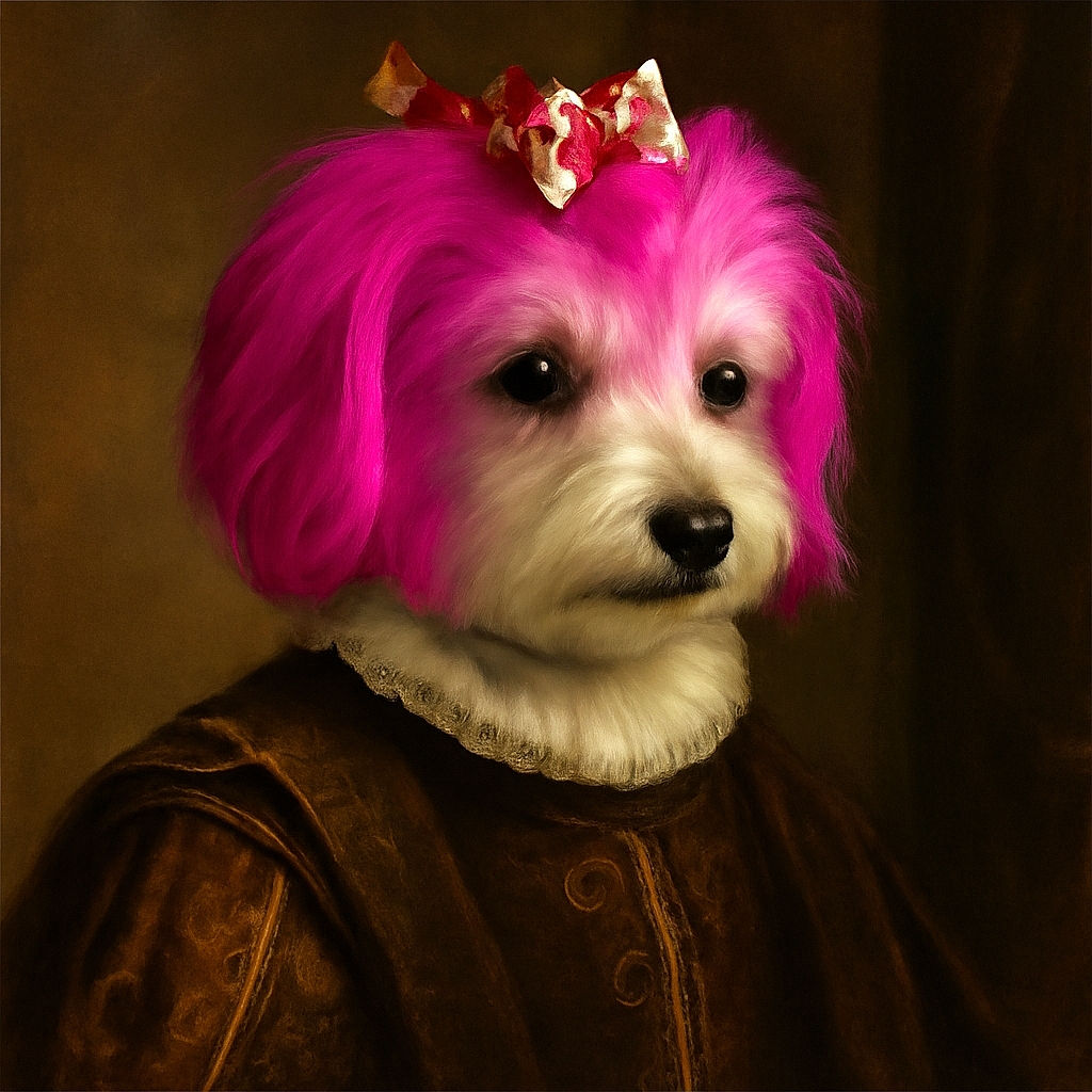 A small dog with a bright pink dyed mane and a cute bow on its head is standing on a sidewalk next to a car tire. The dog is dressed in a leopard print outfit and tiny shoes, looking ready for a fashion show. A finger partially obscures the bottom right corner, and there's a watermark and username overlay on the photo.