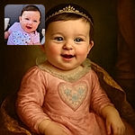 A joyful baby with sparkling blue eyes and a wide smile, wearing a pink shirt with a heart-shaped floral pattern, captured in a close-up shot with a soft, blurred background that highlights the adorable expression.