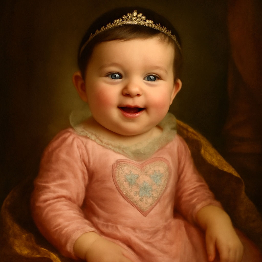 A joyful baby with sparkling blue eyes and a wide smile, wearing a pink shirt with a heart-shaped floral pattern, captured in a close-up shot with a soft, blurred background that highlights the adorable expression.