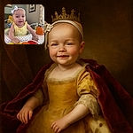 A joyful baby girl with a white bow headband and yellow outfit smiles brightly while playing on a colorful toy piano in a cozy living room setting with framed art and floral curtains in the background.