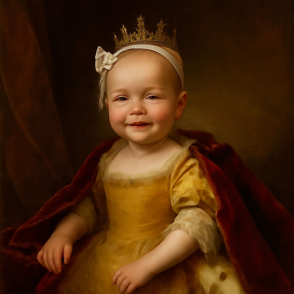 A joyful baby girl with a white bow headband and yellow outfit smiles brightly while playing on a colorful toy piano in a cozy living room setting with framed art and floral curtains in the background.