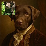 A shiny chocolate Labrador puppy lounging in a lush green clover patch dotted with white flowers, looking curiously at the camera with soulful eyes and a slightly tilted head.