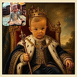 A curious toddler sits proudly on the carpet in a cozy living room, wearing a cat sweater and leaf-patterned pants, as if waiting for a tiny royal portrait session while the furniture quietly judges the pose.