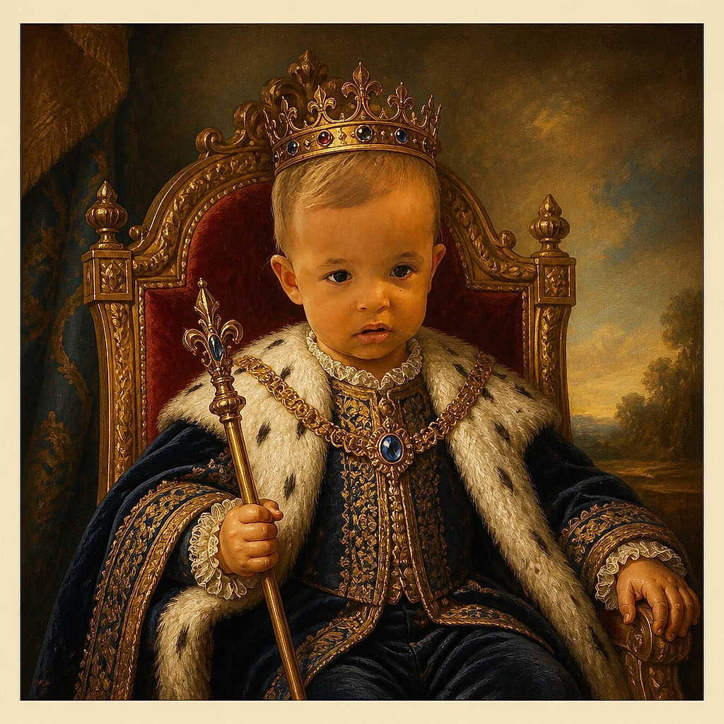 A curious toddler sits proudly on the carpet in a cozy living room, wearing a cat sweater and leaf-patterned pants, as if waiting for a tiny royal portrait session while the furniture quietly judges the pose.