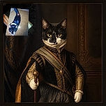 A black-and-white cat is captured mid-stride in a printed photograph, staring up with bright golden eyes as if demanding to know why its portrait is being photographed instead of serving dinner. The print lies on a dark, speckled tabletop among other scattered photos and objects, with a dramatic flash reflection stealing a little of the spotlight.