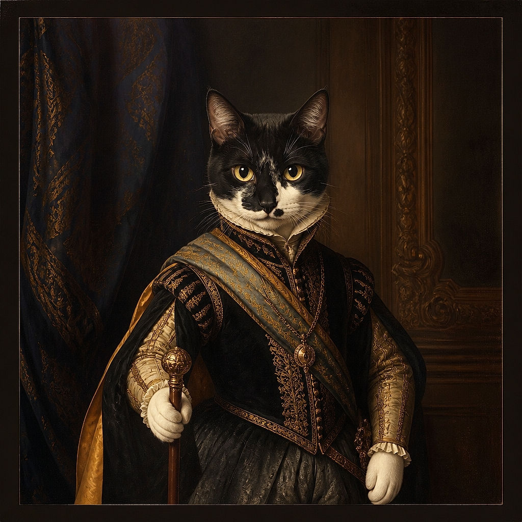A black-and-white cat is captured mid-stride in a printed photograph, staring up with bright golden eyes as if demanding to know why its portrait is being photographed instead of serving dinner. The print lies on a dark, speckled tabletop among other scattered photos and objects, with a dramatic flash reflection stealing a little of the spotlight.