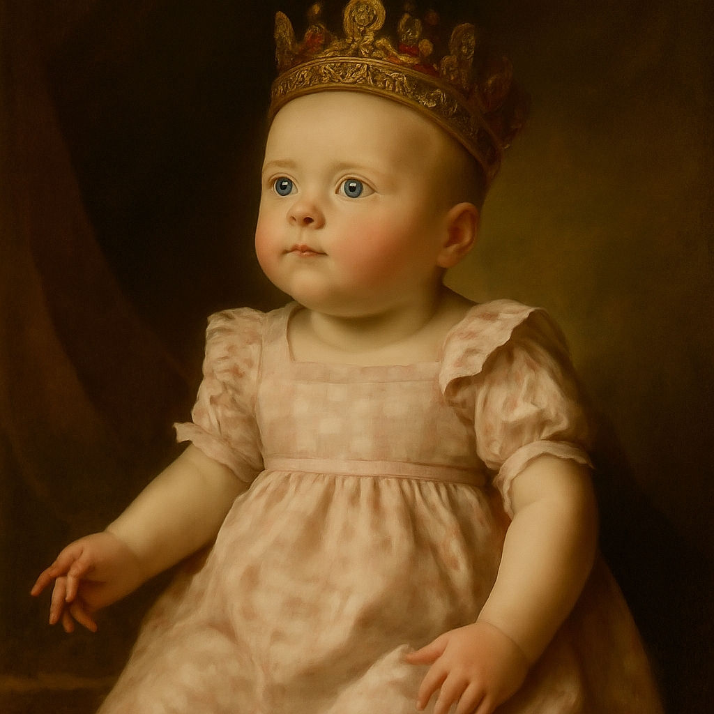 A chubby-cheeked baby in a pink checkered romper gazes upwards with wide blue eyes, surrounded by a sunny backyard scene with green trees and a wooden fence, held securely by an unseen adult.