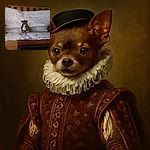 Three dogs lounging on a floral-patterned couch with a wooden frame, each striking their own chill pose. The photo has a casual, candid vibe with slightly muted lighting and some reflections, capturing a cozy moment of canine relaxation.