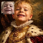 A close-up photo of a young child with a big smile, slightly squinting eyes, and tousled blonde hair. The background is a wooden floor with a colorful puzzle mat partially visible.