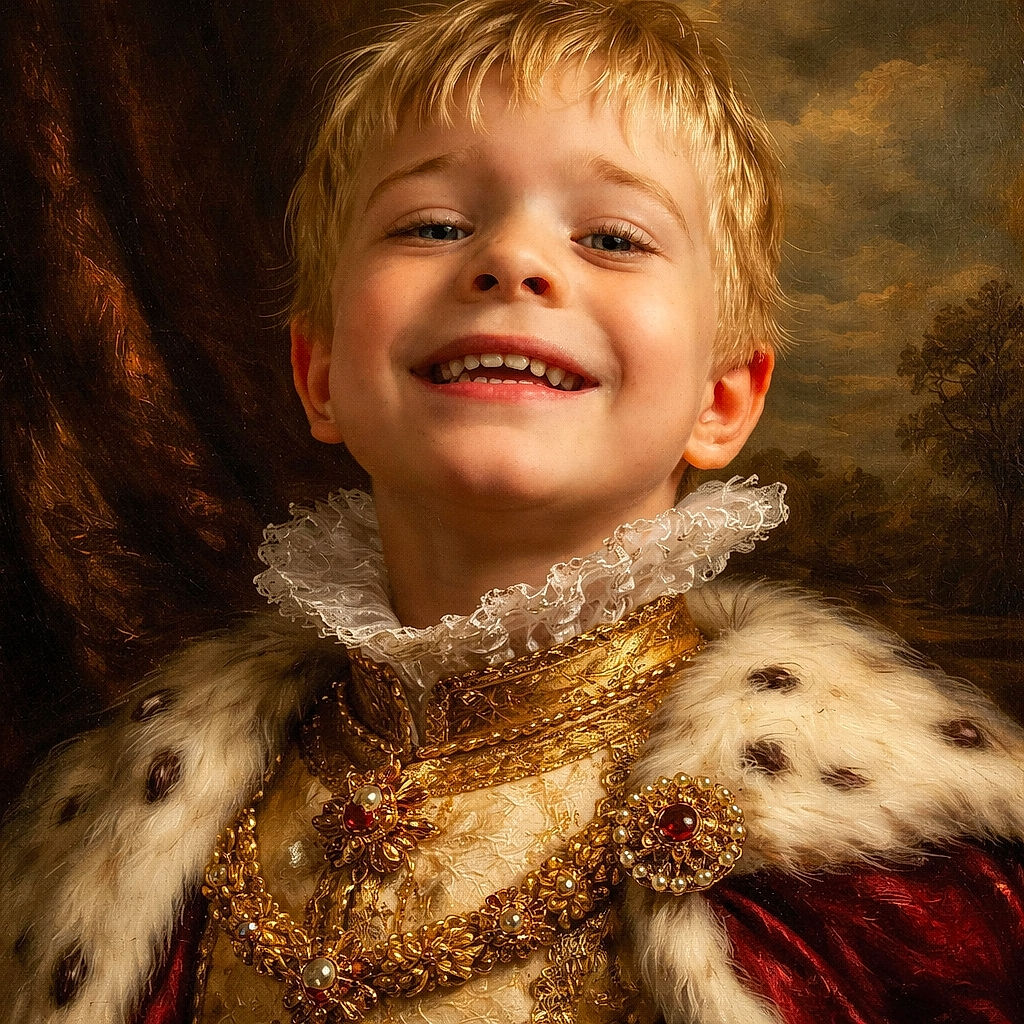 A close-up photo of a young child with a big smile, slightly squinting eyes, and tousled blonde hair. The background is a wooden floor with a colorful puzzle mat partially visible.