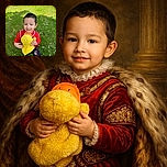 A cheerful young child in a bright red sweater is holding a large yellow plush duck toy, standing on a lush green lawn dotted with small white flowers. The child beams with a sweet smile, capturing a joyful moment in a sunny outdoor setting.