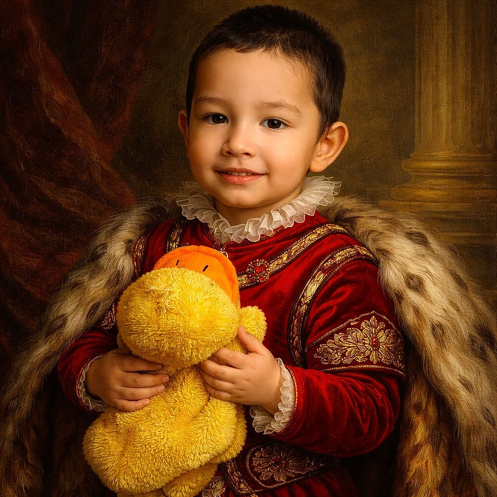 A cheerful young child in a bright red sweater is holding a large yellow plush duck toy, standing on a lush green lawn dotted with small white flowers. The child beams with a sweet smile, capturing a joyful moment in a sunny outdoor setting.
