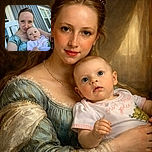 A cozy selfie of a young woman holding a wide-eyed baby on a porch with blue siding and white window frames, both looking curiously at the camera, capturing a tender and candid moment.