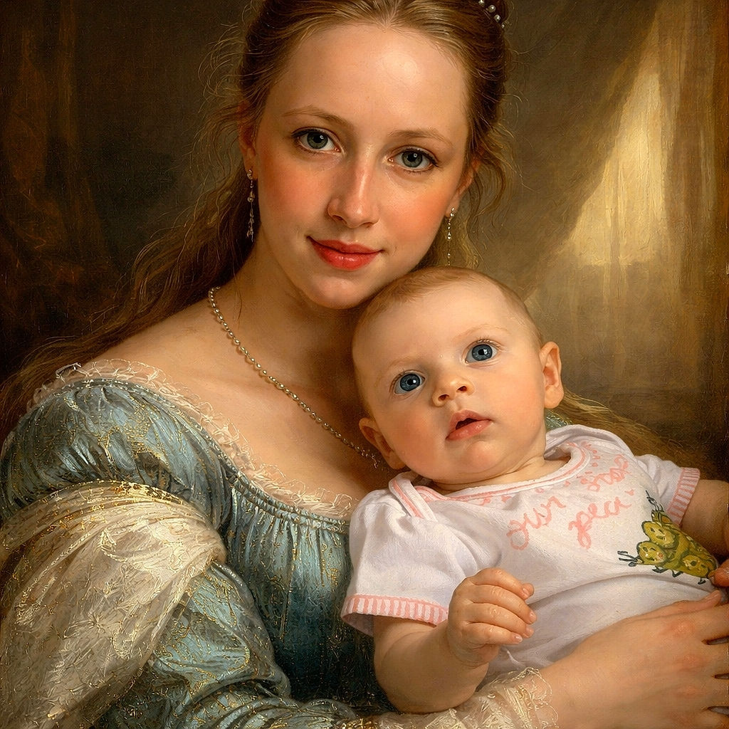 A cozy selfie of a young woman holding a wide-eyed baby on a porch with blue siding and white window frames, both looking curiously at the camera, capturing a tender and candid moment.