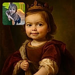 A curious toddler with a tiny top knot clings to a wooden railing, eyes wide with wonder and a slight smile, set against a vibrant green artificial turf and a blurred background of a backyard fence and play equipment.