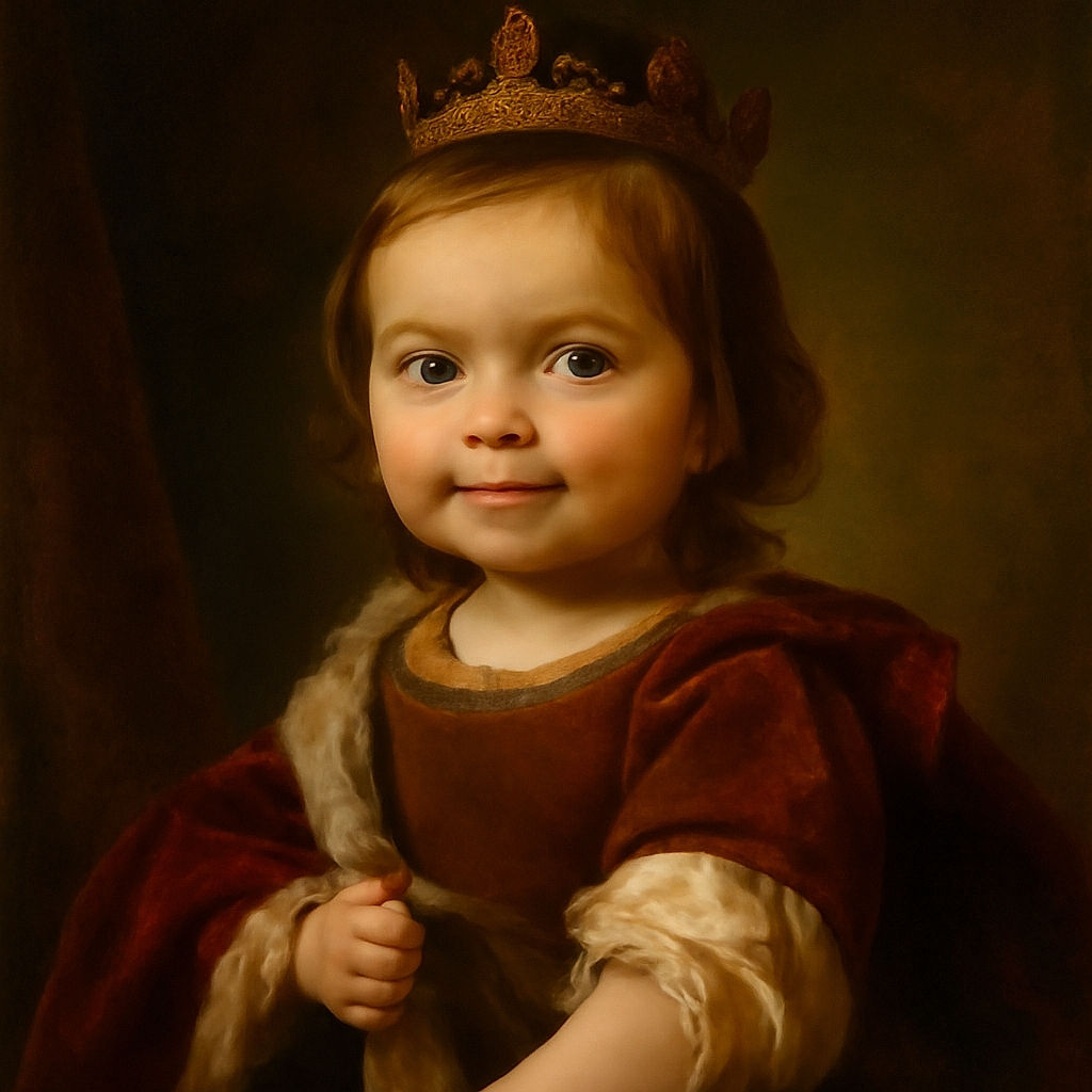 A curious toddler with a tiny top knot clings to a wooden railing, eyes wide with wonder and a slight smile, set against a vibrant green artificial turf and a blurred background of a backyard fence and play equipment.