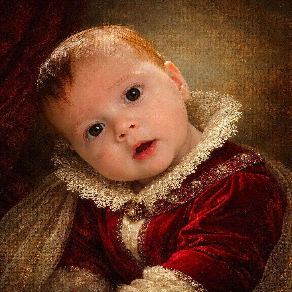 A wide‑eyed baby in a red onesie does a dramatic head-tilt like a tiny detective inspecting the world, propped on a patterned pillow with a bright window behind — equal parts curiosity and sleepy surprise.