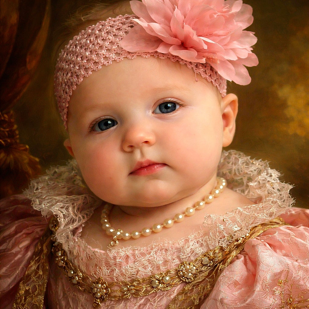A chubby-cheeked baby models a couture-sized pink flower headband with the solemn seriousness of a tiny monarch — eyes glossy, cheeks pillowy, and the background a dreamy bokeh that screams 'professional stroller photoshoot.'