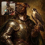 A serious-looking brown dog with a white chest patch sits attentively on a floral-patterned bed covered with colorful blankets. Behind the dog, a tapestry with a skull and the word 'SUMMER' adds a quirky background touch. An electronic device glows softly on the bed, hinting at a cozy indoor setting.