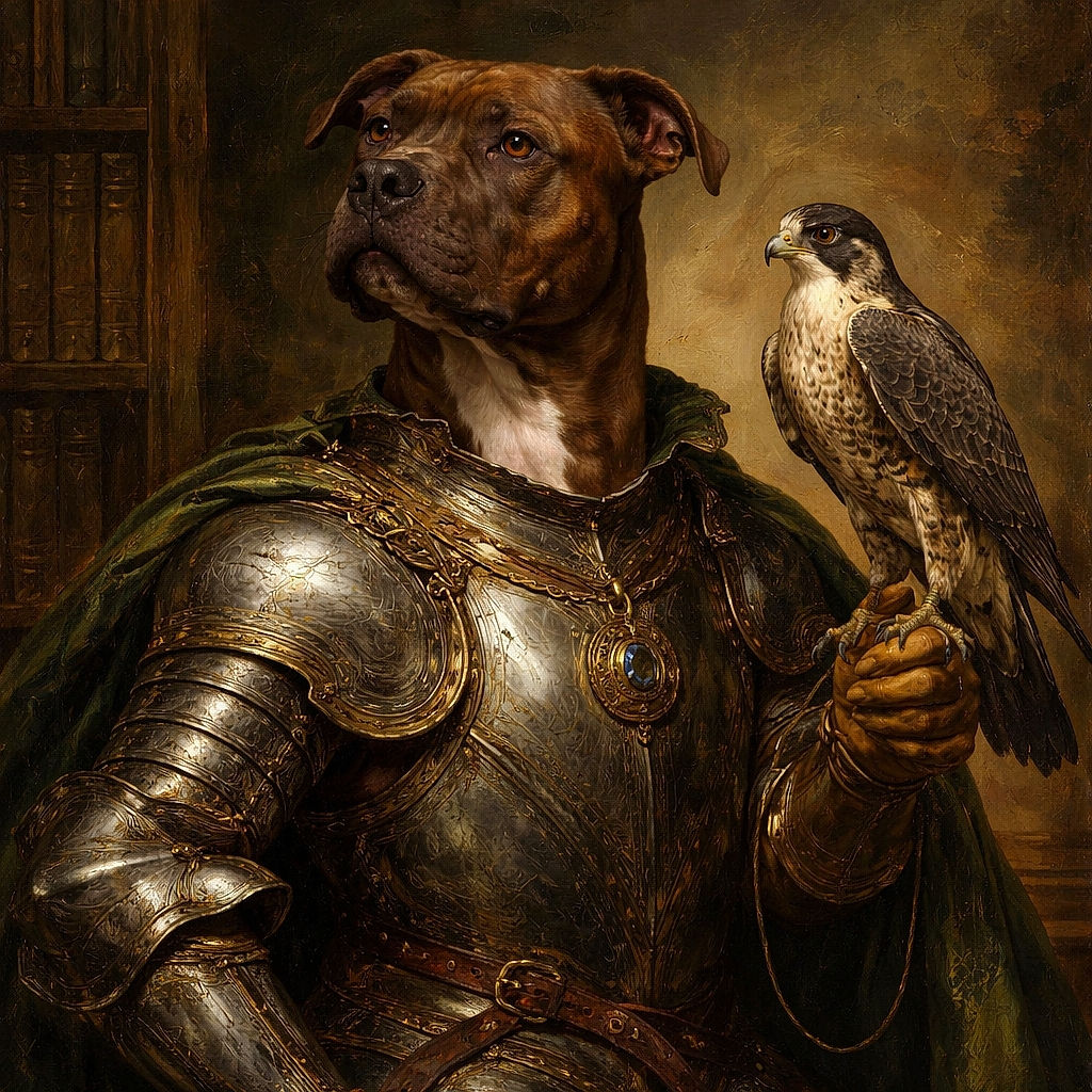 A serious-looking brown dog with a white chest patch sits attentively on a floral-patterned bed covered with colorful blankets. Behind the dog, a tapestry with a skull and the word 'SUMMER' adds a quirky background touch. An electronic device glows softly on the bed, hinting at a cozy indoor setting.