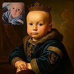 A wide-eyed baby in a cozy blue outfit stares curiously at the camera while sitting comfortably in a patterned baby seat, radiating adorable innocence.