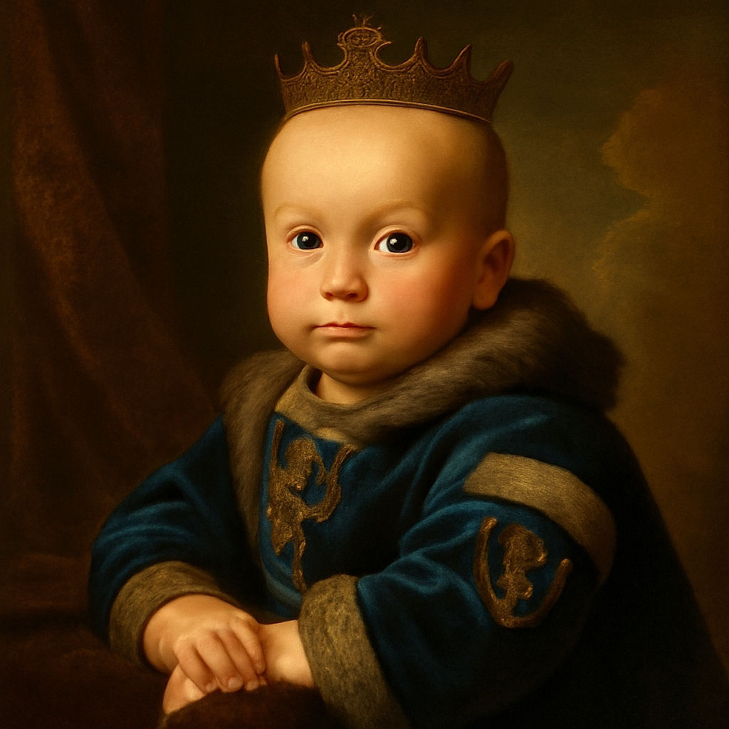 A wide-eyed baby in a cozy blue outfit stares curiously at the camera while sitting comfortably in a patterned baby seat, radiating adorable innocence.