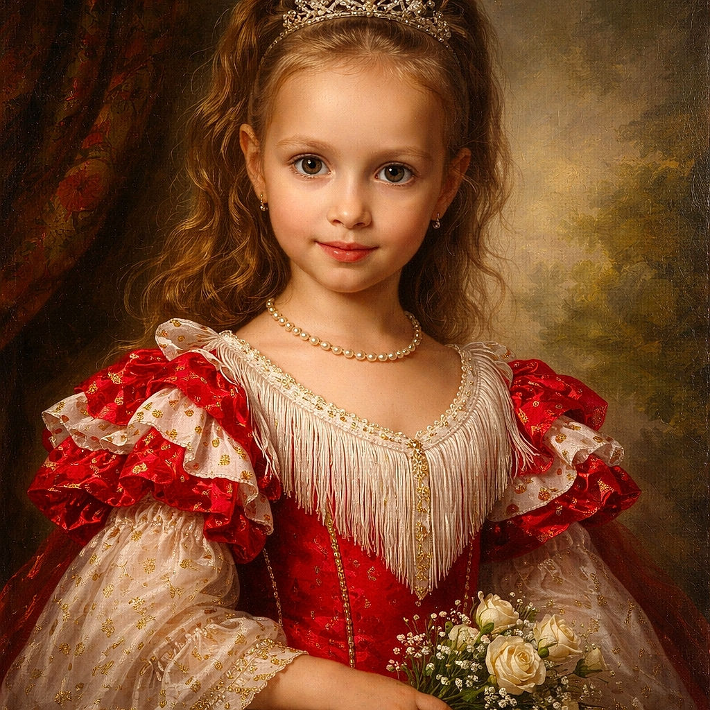 A charming young girl dressed in a vibrant red and white frilly dress looks straight at the camera with a confident and sweet expression, standing indoors with a chair and some household items in the background.