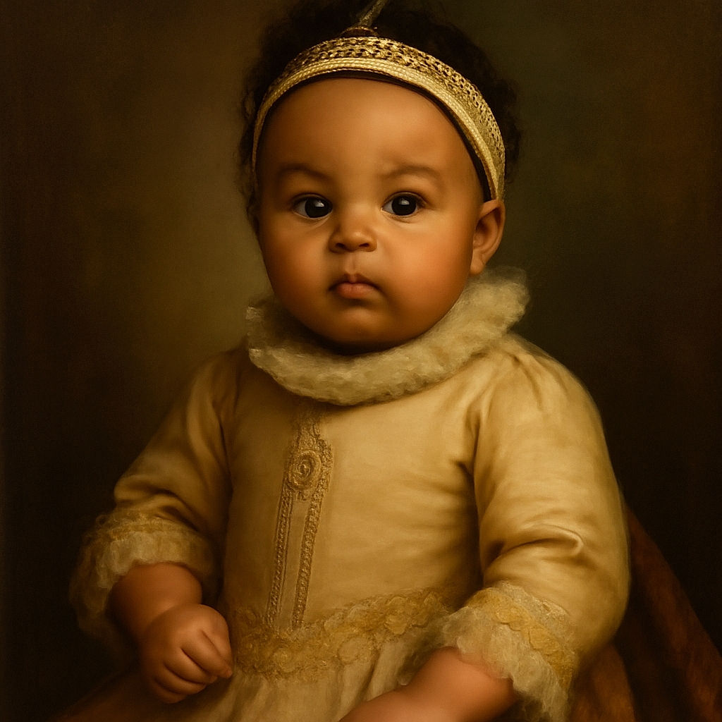 A wide-eyed baby with a headband stares curiously at the camera, lying on a soft pink towel. Wearing a beige shirt with 'Maman chérie' glittering on it and denim bottoms, this little one looks like they're ready to conquer the world, one adorable expression at a time.