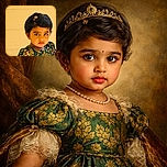 A serious-faced toddler with a stylish hair clip and a beautiful floral dress poses against a textured yellow wall, looking directly at the camera with big, curious eyes.