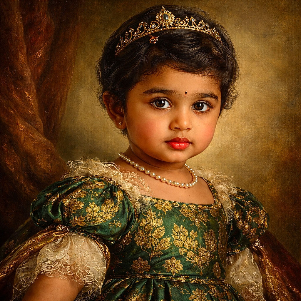 A serious-faced toddler with a stylish hair clip and a beautiful floral dress poses against a textured yellow wall, looking directly at the camera with big, curious eyes.