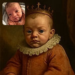 A close-up photo of a newborn baby swaddled in a soft peach-colored outfit and white blanket, gazing curiously at the camera with wide eyes and a slightly puckered mouth, set against the blurred background of a crib.