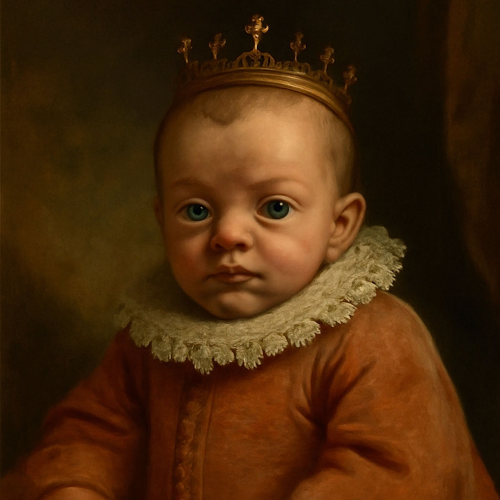 A close-up photo of a newborn baby swaddled in a soft peach-colored outfit and white blanket, gazing curiously at the camera with wide eyes and a slightly puckered mouth, set against the blurred background of a crib.