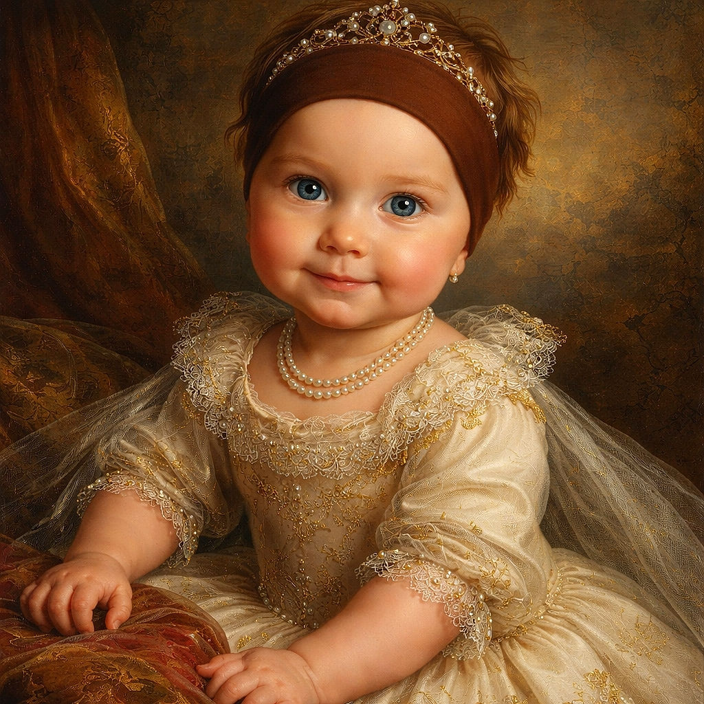 A chubby-cheeked baby in a brown headband flashes a cheeky little smile while clutching a yellow toy, sitting on a patterned play mat — eyes bright as marbles and totally plotting snack time.