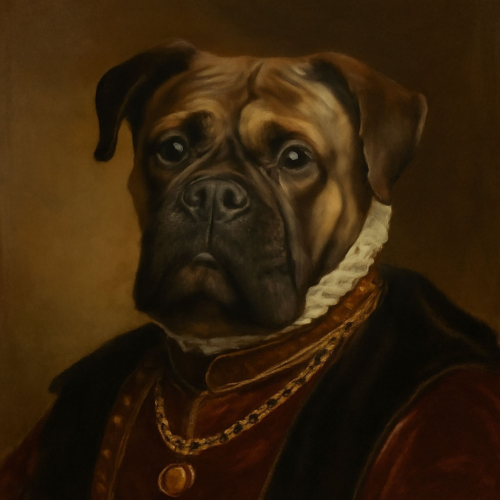 A close-up shot of a large dog with soulful eyes and a slightly wrinkled face, wearing a chain collar with a tag, sitting indoors on a carpet with some scattered fabric in the background, looking like it just heard a fascinating story.