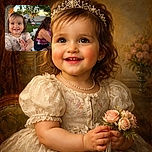 A joyful toddler with a big smile claps hands, lit by warm sunset light against a lively backyard party scene with colorful balloons and people relaxing on white chairs.