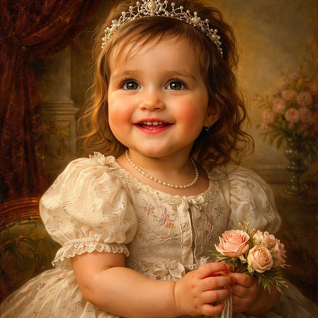 A joyful toddler with a big smile claps hands, lit by warm sunset light against a lively backyard party scene with colorful balloons and people relaxing on white chairs.