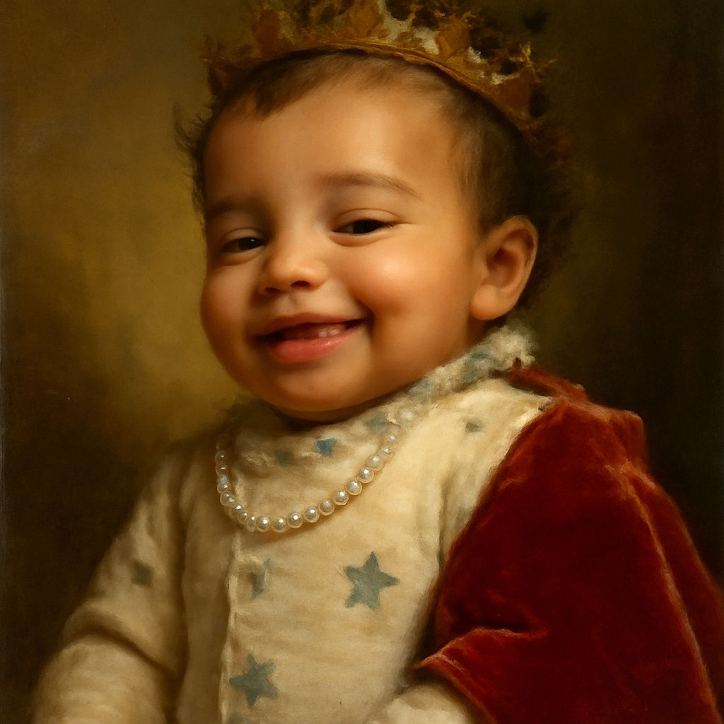 A joyful baby with tousled dark hair is smiling warmly while lying on a soft, textured blanket, dressed in a cozy white onesie decorated with cute little trees and animals.