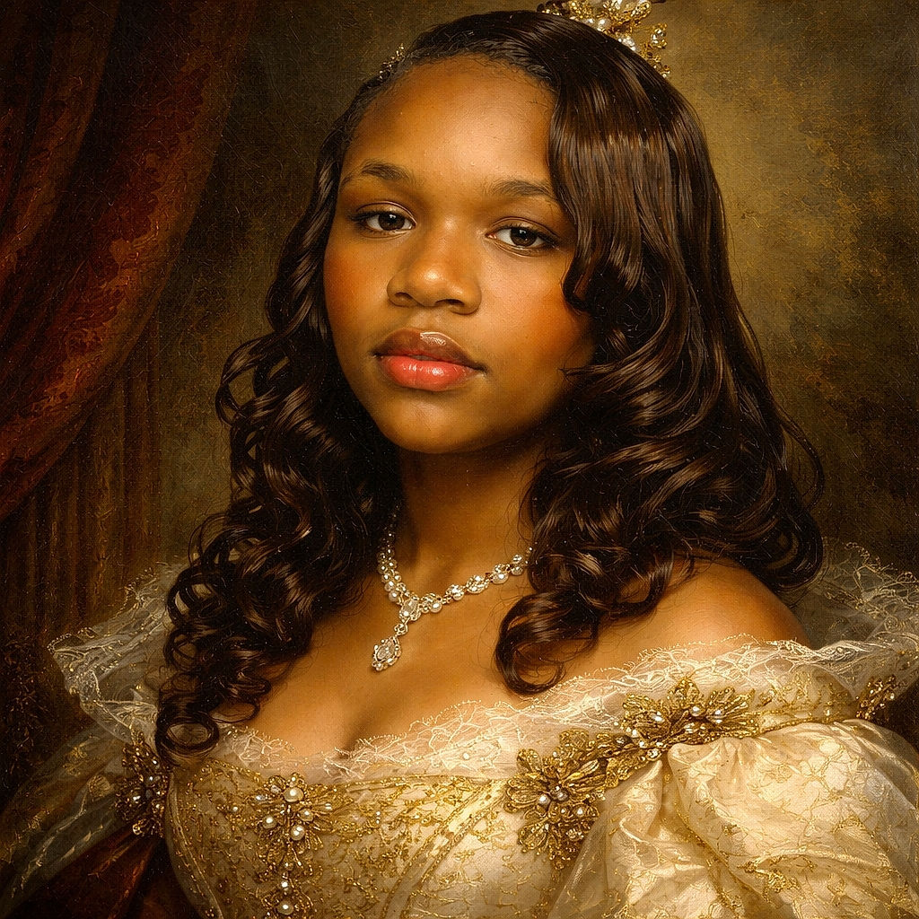 A close-up selfie of a young person with shiny, curled hair and glossy lips, set against a neutral indoor background with a pink flower decoration peeking from behind.