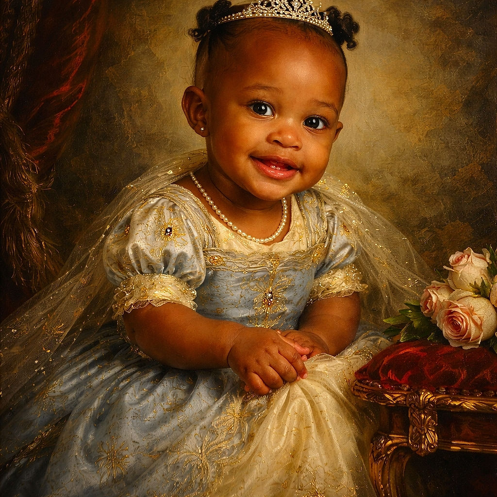 A joyful baby sitting on a plain white background wearing cute overalls with a colorful shirt, smiling brightly next to a decorated cupcake with a golden candle shaped like the number 6. The baby seems to be celebrating a special moment, captured in a soft and well-lit studio setting.